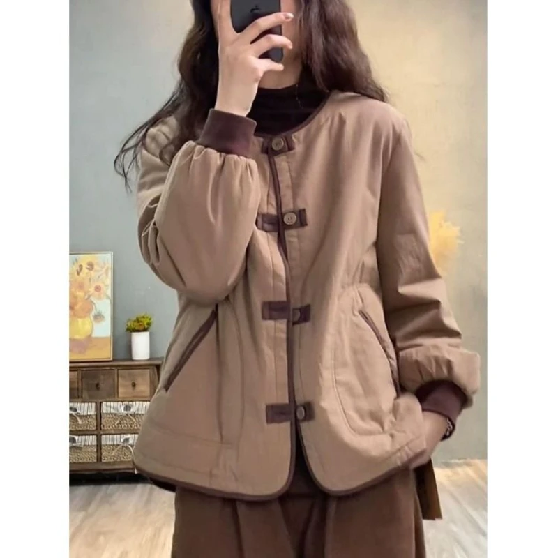 Lightweight Cotton Jacket Women\'s Short Casual Contrasting Color Plate Buckle Thick Cotton Jacket Warm Cotton Jacket Top