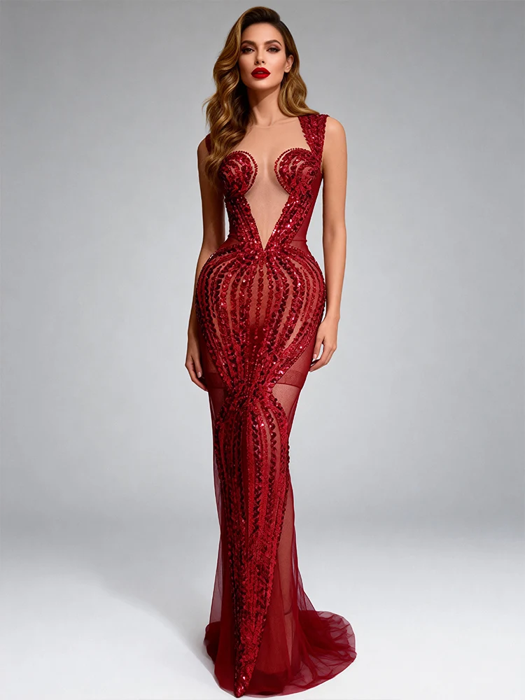 

Новое роскошное красное платье для женщин на день рождения, сексуальное, с глубоким V-образным вырезом, пайетками, блестящей сеткой, прозрачное, для вечерних мероприятий, выпускного, карнавала, костюм для дрэг-квин.