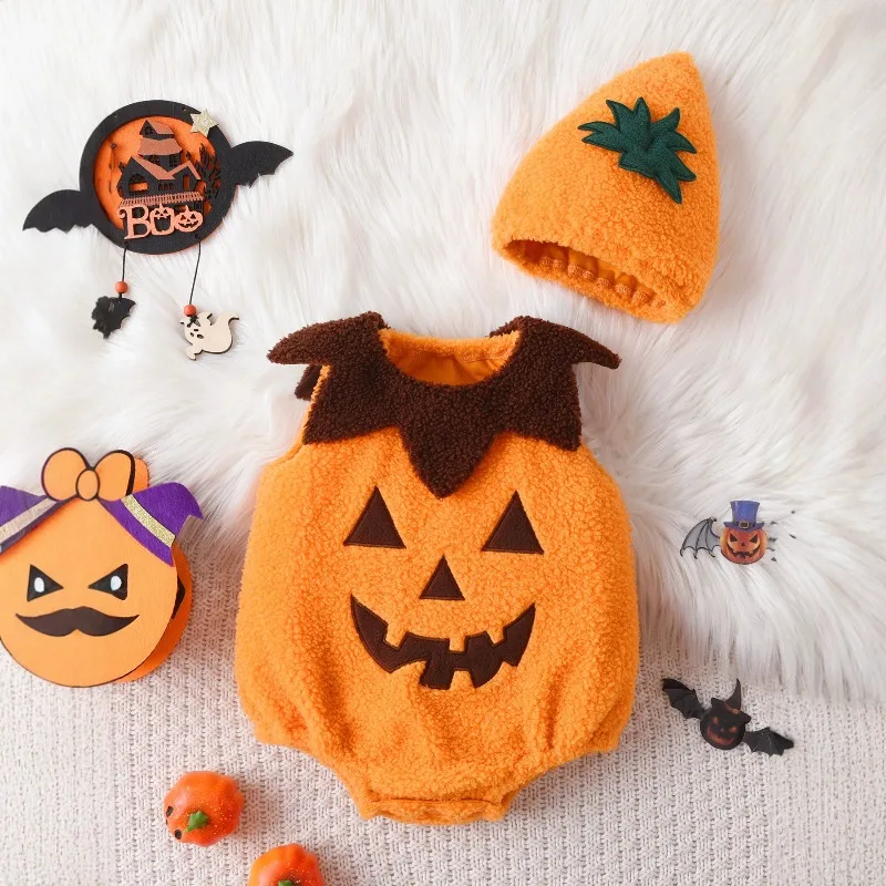 Newborn Infant Baby Orange Pumpkin Hooded Romper Sleeveless Plush Fleece Costume with Green Leaf Halloween Cosplay Playsuit