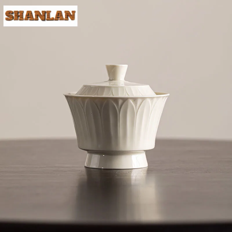 

100ml Handmade Ding Kiln White Gaiwan Zen Relief Lotus Petal Tea Tureen Tea Brewing Cover Bowl Kungfu Teaware Supplies Ornaments