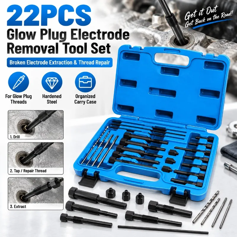 22PCS Glow Plug Electrode Removal Tool Kit, Broken Glow Plug Extractor & Thread Repair Set M8 M10 for Diesel Engine Auto Repair