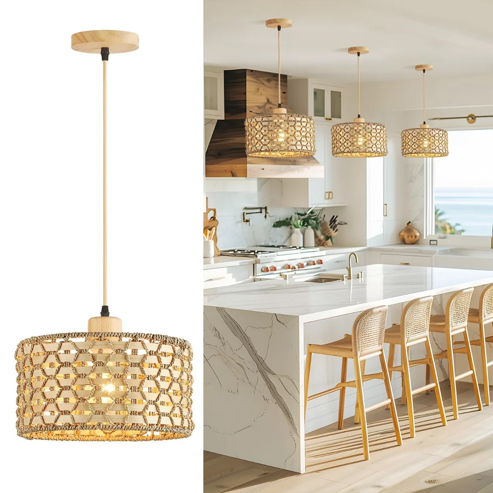 

Hand-Woven Pendant Light Solid wood rattan Pendant Lamp vintage Adjustable Bedroom Coffee Shop Restaurant Chandelier NO bulb