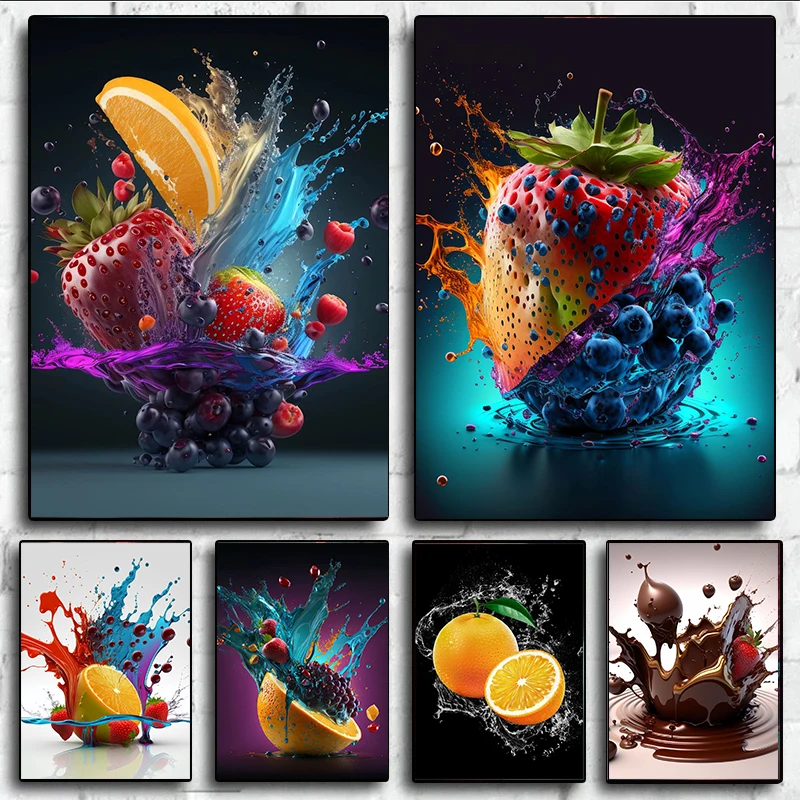 Natural Fresh Fruits Splash Poster and Prints Strawberry Oranges Canvas Painting Kitchen Shop Dining Room Decor Wall Art Picture