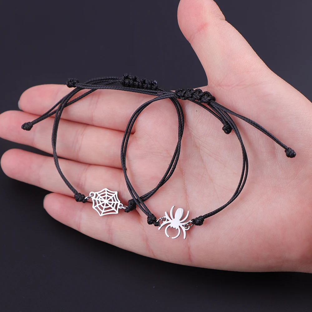 5pcs/lot Stainless Steel Spider And Spider Web Charm Bracelet Wax Thread Braided Adjustable Slider Bracelet For Jewelry Gift