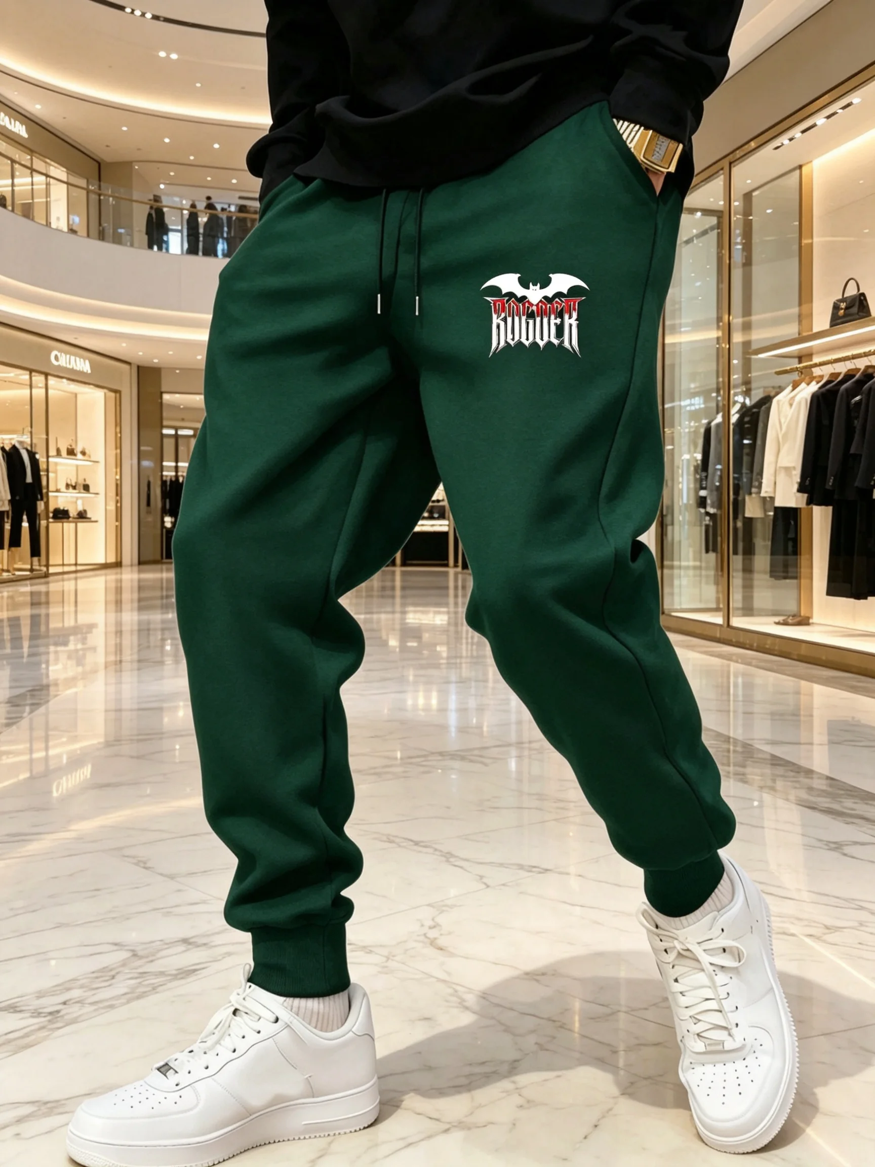 Unisex-Jogginghose mit Fledermaus-Logo und ROCKER-Aufdruck, Bündchenhose mit Kordelzug, weicher Stoff für Fitnessstudio, Outdoor, Herbst, Winter, Alltag. – Detail 5
