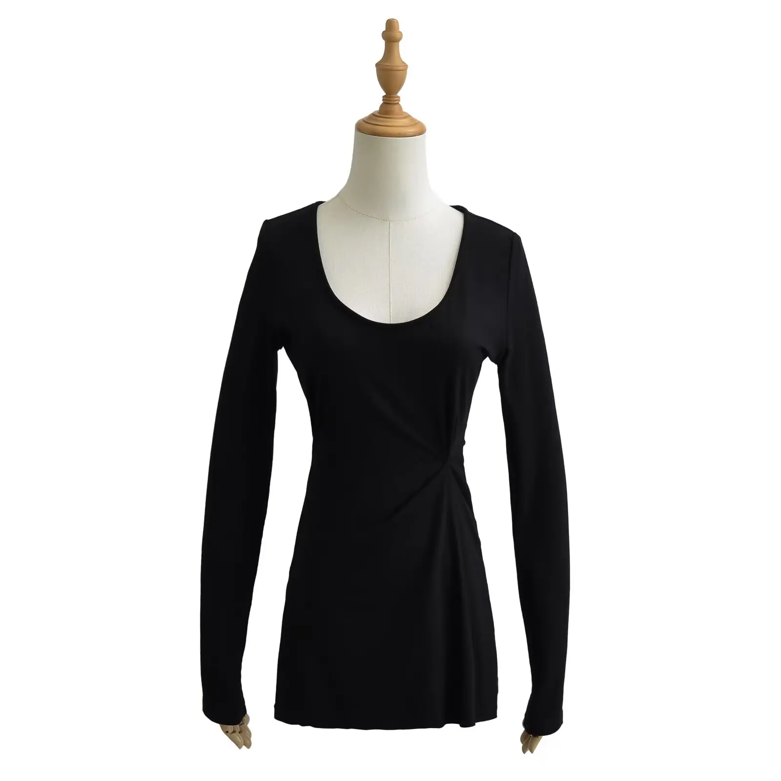 スリムフィット長袖Tシャツ レディース ラジースタイル 日よけカバーアップトップ Uネック プリーツ コットン 春夏ファッション キュートスタイル