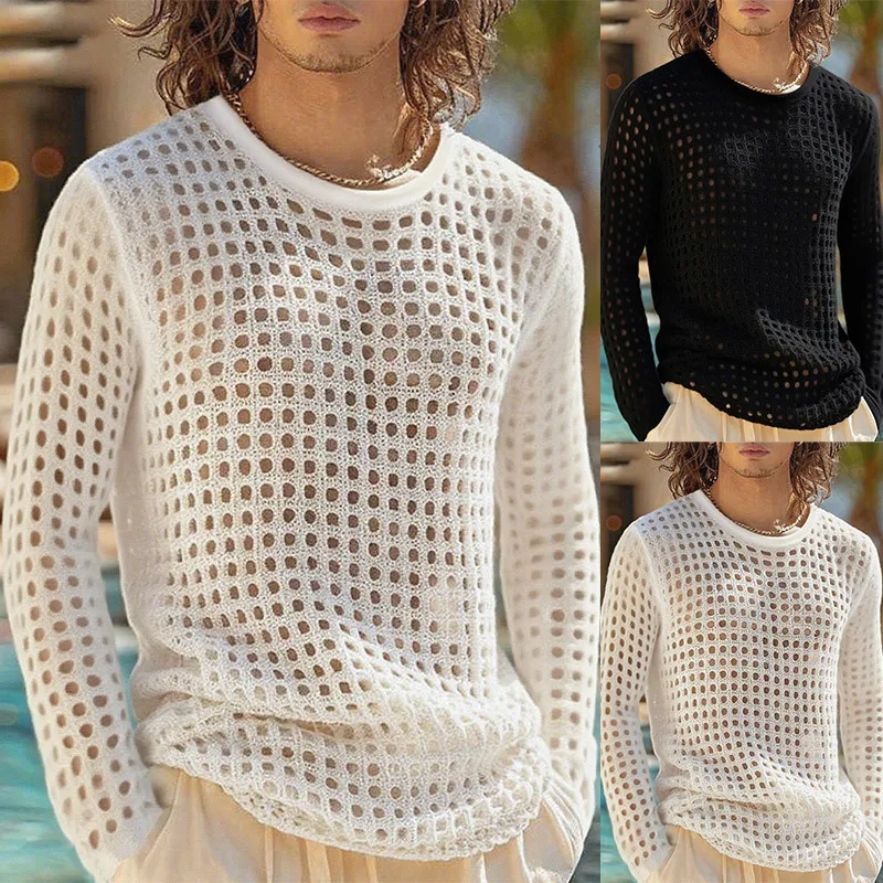 Summer Men's Hollow Fitness Top Mesh Perspective Sexy Knitted Long-sleeved Shirt T-shirt