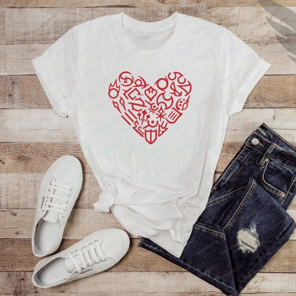 FFXIV Job Logo Red Heart Shape Short Sleeve T-Shirt Final Fantasy 14 Gamer Gift Harajuku Graphic T Shirts Women Clothes Goth Top
