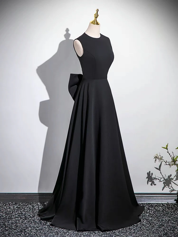 

Black Long Evening Dress Elegant Women Sleeveless Back Zipper with Big Bow Party Birthday Dress Korea Simple Wedding Dresses