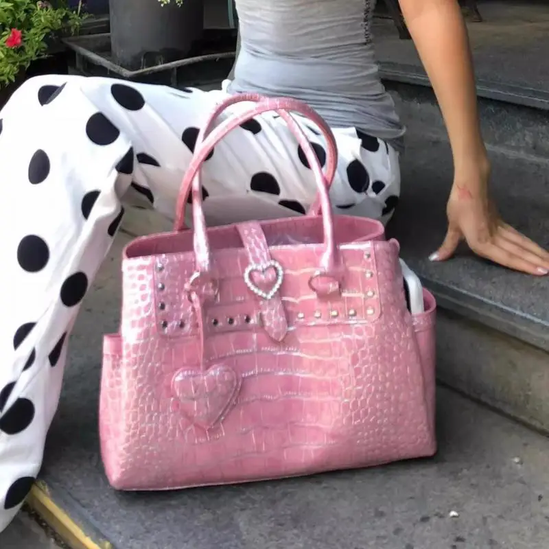 Luxury Crocodile-print Handbag For Women Fashion Pink Heart Design Multi-layer Briefcase Hot Girls Large Capacity Commuter Bag