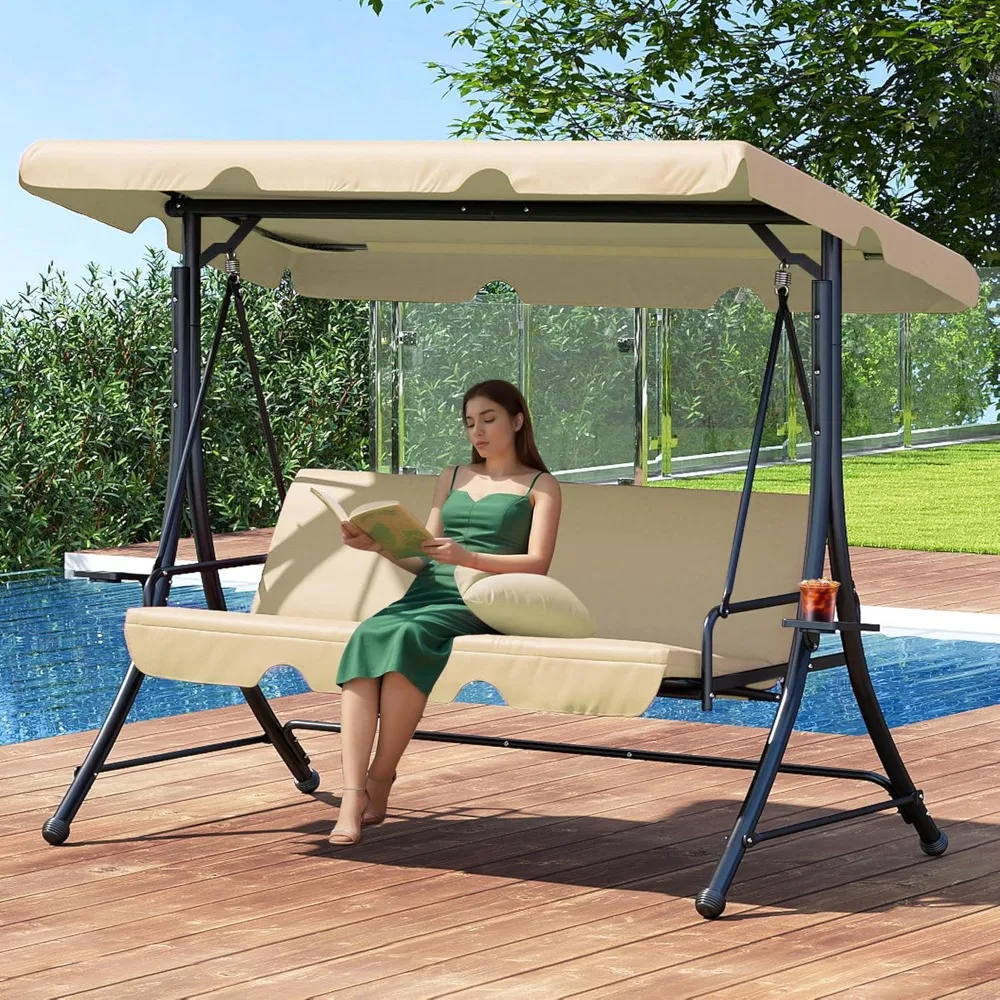 

3 Seat Patio Swing with Canopy, Outdoor Porch Swing with Stand for Adults, Glider Swings for Outdoors with 2 Side Table, 2-in-1
