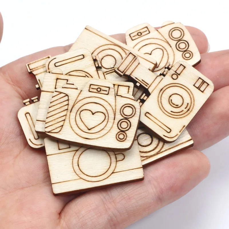 20pcs Mixed Camera Wooden Slices Handmade Embellishments Scrapbooking Gift Unfinished Wood Home Decoration DIY Craft Supplies