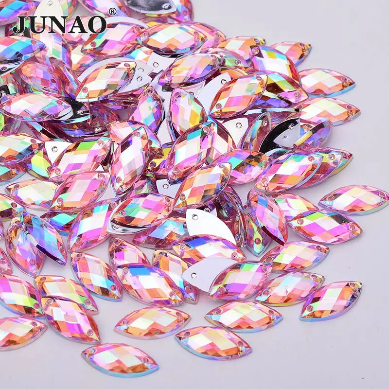 JUNAO 7*15mm 100Pcs Sewing Crystal AB Rhinestone Flatback Acrylic Stones Applique Sew On Horse Eye Crystal Strass For Needlework