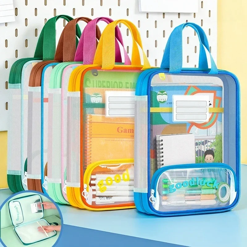 A4 Mesh File Organizer with Handle Large Opening Subject Classification Storage Bag for Students School Exam Paper Documents**