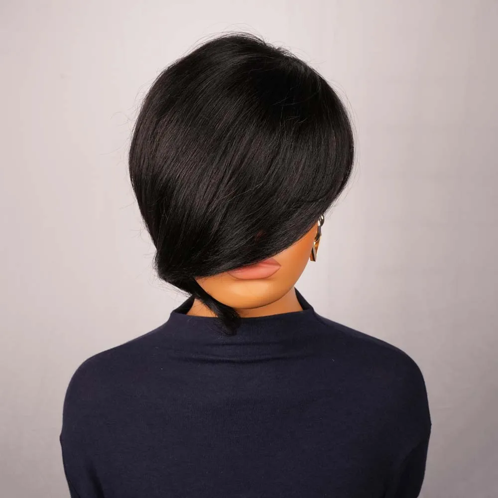 Short Layered Pixie Cut Straight Human Hair Wigs With Bangs Side Part Dark Natural Color Machine Made for Daily Use