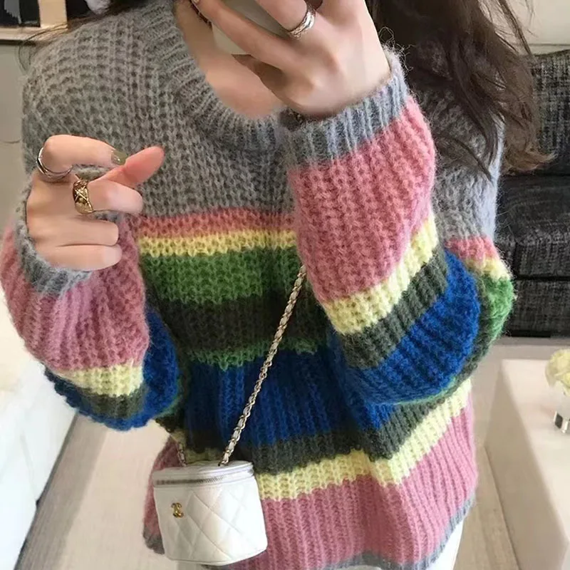 니트웨어 캐주얼 O넥 니트 스웨터 여성 풀오버 신상 긴팔 스트라이프 니트 스웨터 풀오버 여성 탑스 스웨터 Q2570