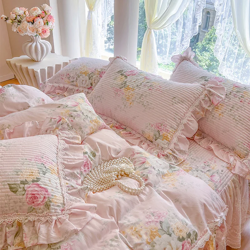 100% Cotton Korean Princess Style Flowers Prints Lace Ruffles Bedding Set Duvet Cover Quilted Bed Skirt Bedspread Pillowcases