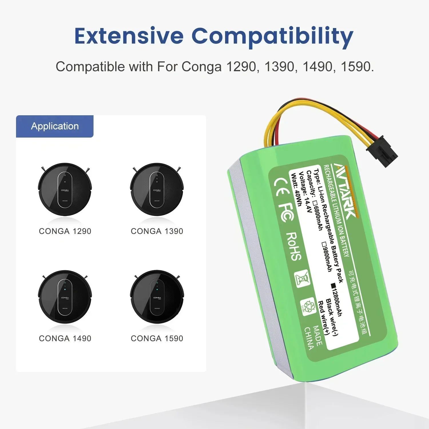 14.4V 6800mAh Li-lon Battery For Compatible with Conga for Cecotec Conga 1290 1390 1490 1590 vacuum cleaner Replacement battery