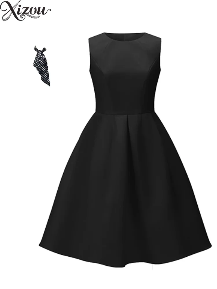 2025 verão feminino sem mangas cintura hepburn vestido francês a linha preto formal senhoras doce elegante festa coreano em torno do pescoço oferta