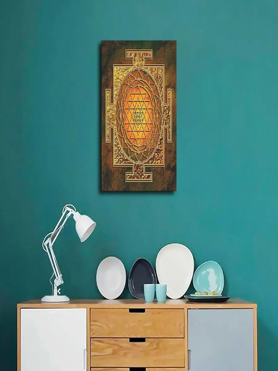 Shri Yantra Gold Lakshmi Hindu Decorative Framed Painting   inch HD Print Poster for Modern Home Bedroom Kitchen Office Wall Dec