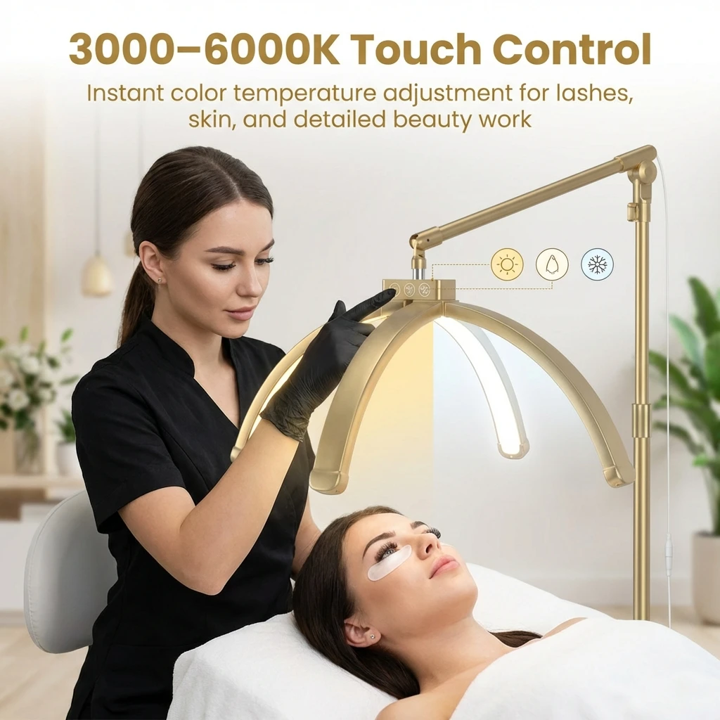 23 Inch LED Lash Half Moon Lamp Professional Beauty Salon Light with Adjustable Stand Touch Control for Eyelash Extensions Tool
