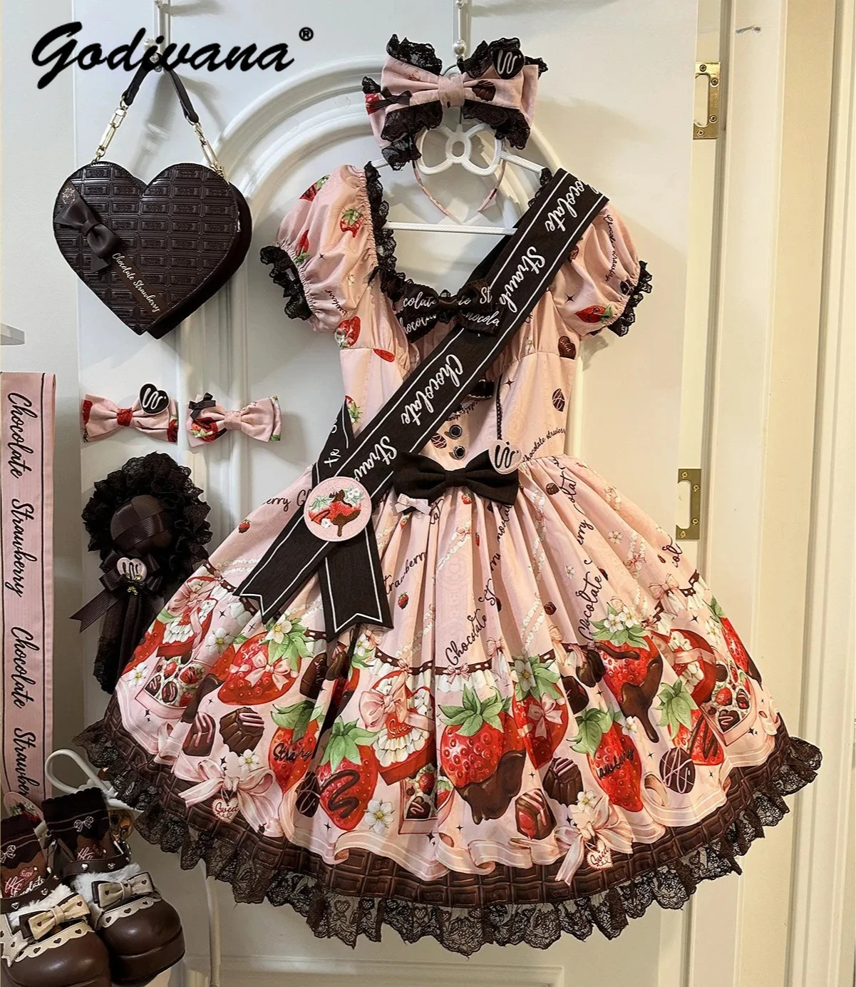 black and pink strawberry dress Monki short sleeve mini sun dress with v neck in pink and black strawberry  print