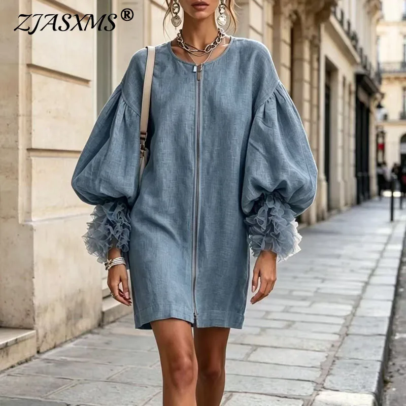 Women Puff Lantern Sleeve Mini Dress Solid Round Neck Zip Front Ruffle Mesh Cuffs Loose Dress Casual Streetwear Fall Short Dress