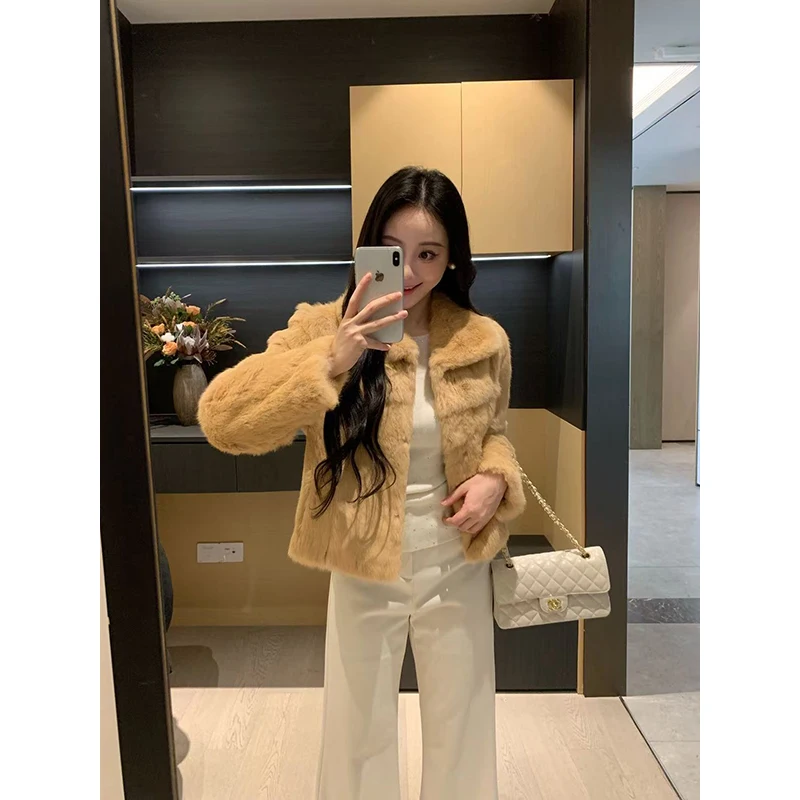 

XIN Winter Fur Coat Whole Skin Rabbit Hair Women's Slimming Outerwear Casual Sle Double Button ort Length Loose Fit