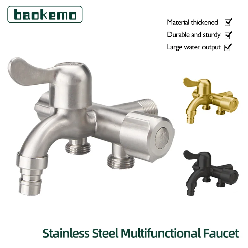 Baokemo Stainless Steel Faucet, One in Three Out Multi Functional Washing Machine Three-way Angle Valve Faucet