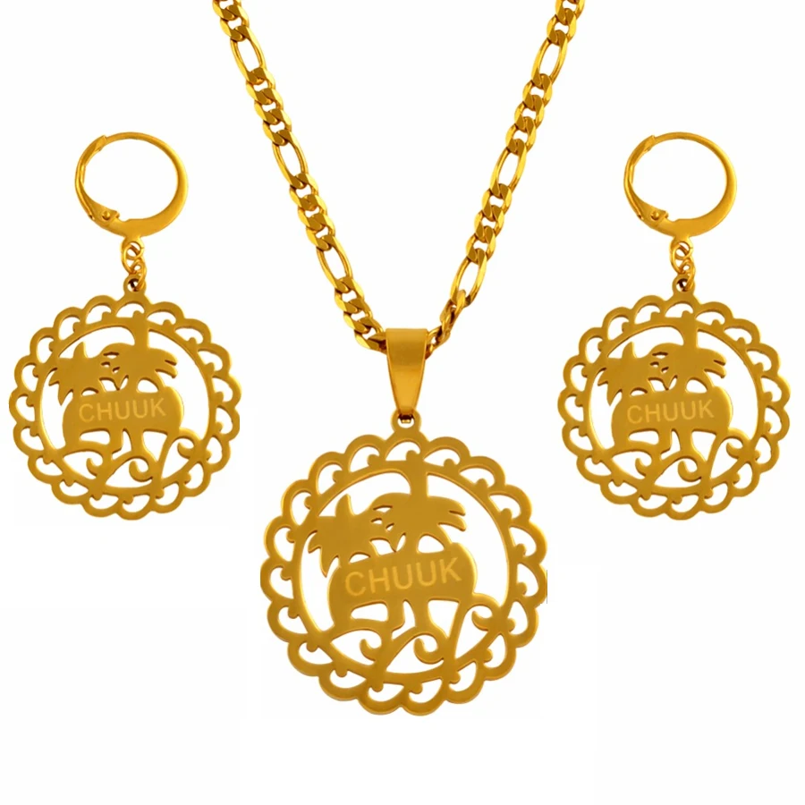 Anniyo Micronesia CHUUK Island and Coconut Tree Pendant Necklace Earrings sets for Women Gold Color Jewelry  #046821