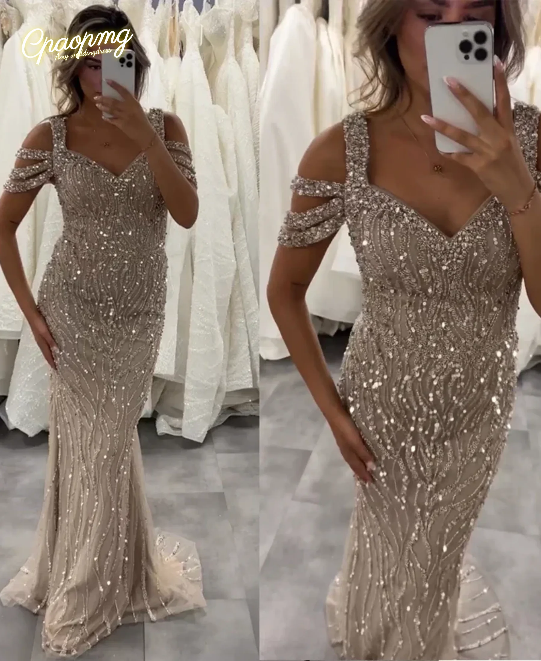 

Customized Elegant Beaded Handmade V-Neck Mermaid Evening Dresses Long Prom Wedding Party Dress for Women vestidos de fiesta