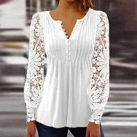 Moda ahueca hacia fuera la mujer encaje Blosue manga larga Tops cuello en V sólido plisado Vintage blusas mujeres Casual camisa blanca delgada 24815