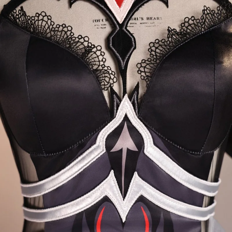 زي Ronova Game Genshin Impact Cosplay فستان أسود طويل شعر مستعار أبيض مجموعة كاملة من أزياء لعب الأدوار للنساء لحفلات الهالوين