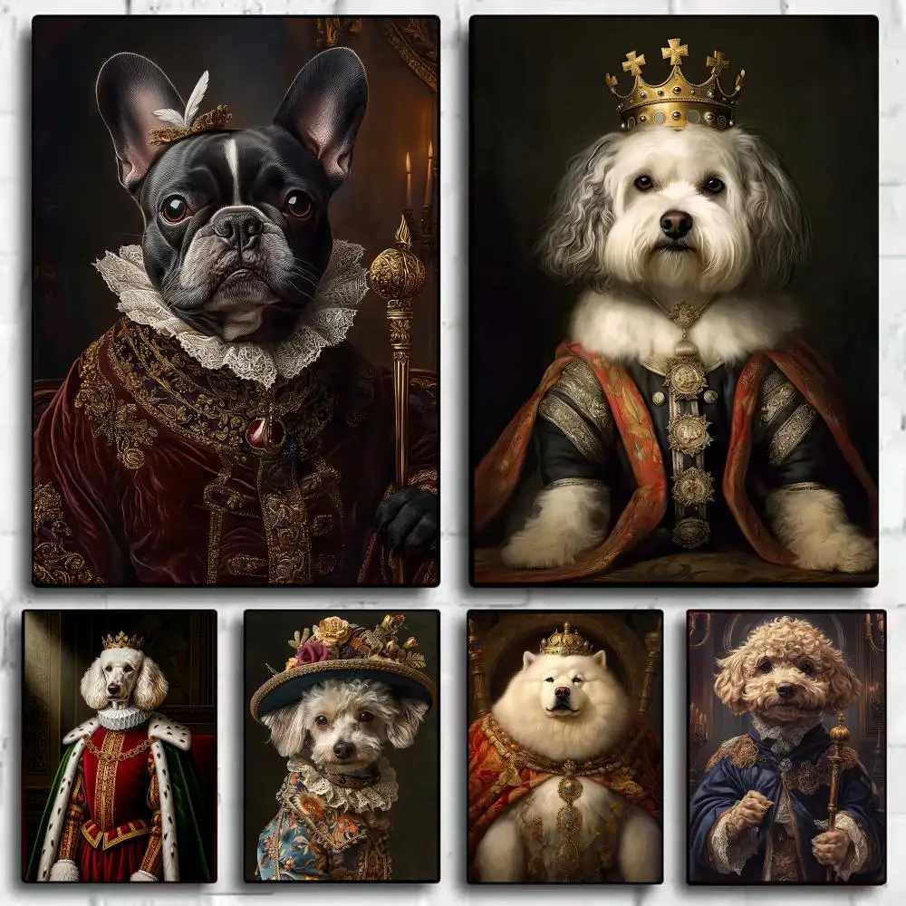 Dog King Vintage Royal Portrait Poster Stickers Painting Self-Adhesive Mural Wall Decals for Bedroom Living Room Home Decor Gift