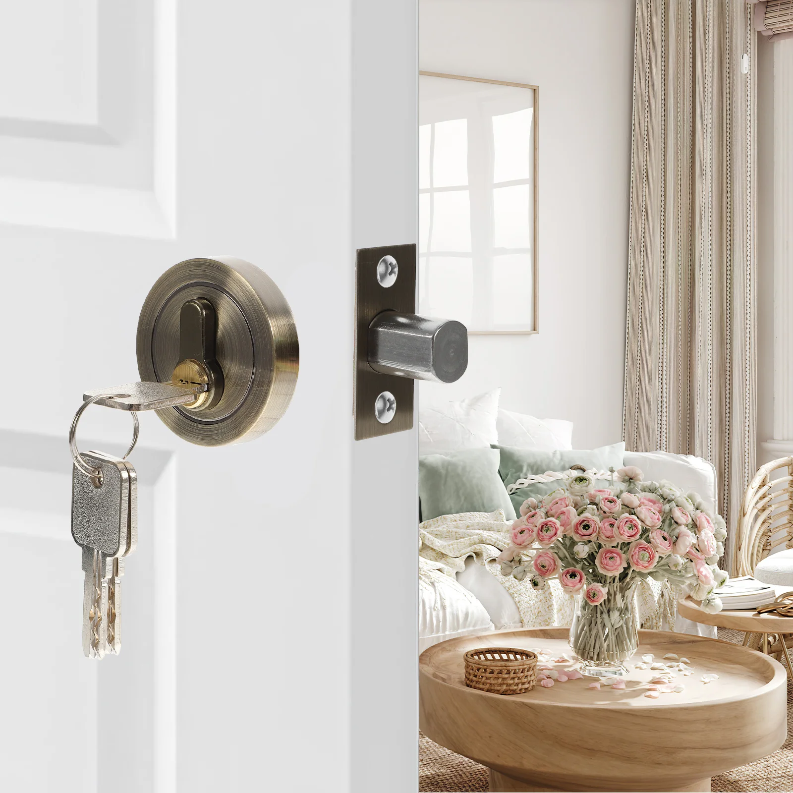 

Round Door Lock Single Cylinder Deadbolt Zinc Alloy Entry Bedroom Bathroom Door Security Keyed Deadbolt Lock