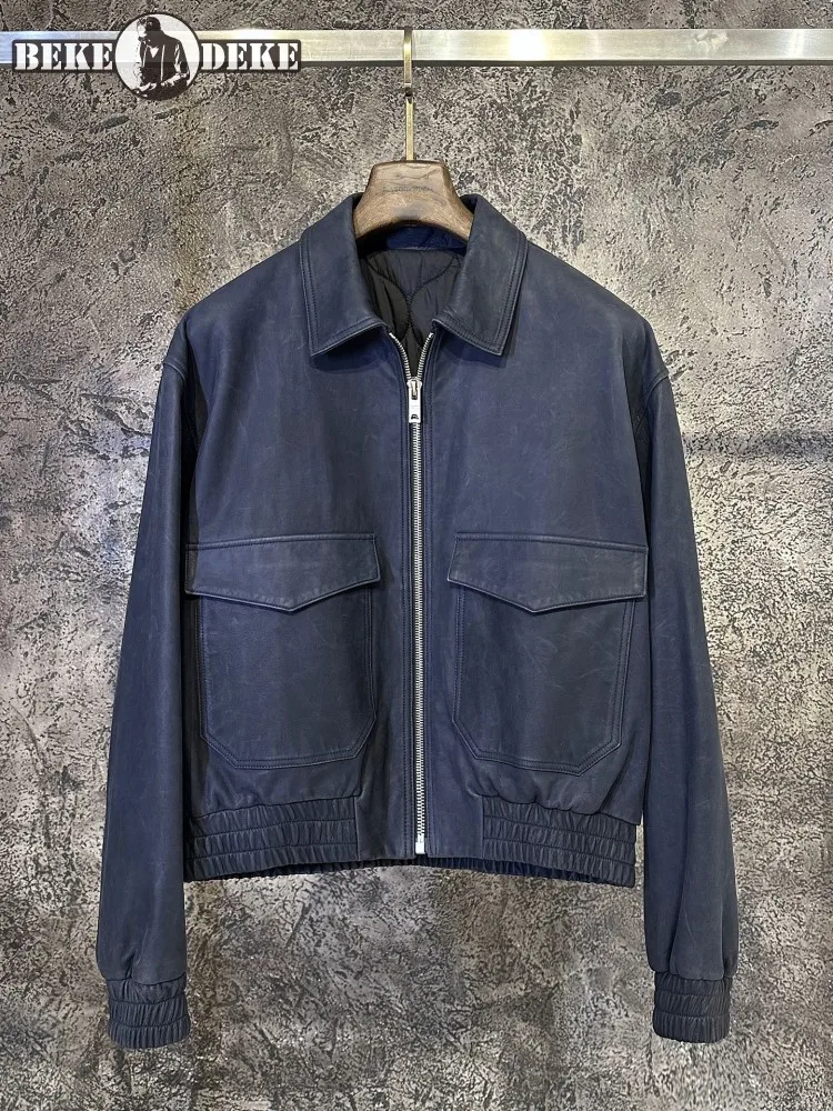 Veste en cuir véritable pour hommes, Streetwear, automne hiver, col rabattu, doublure rembourrée, haute qualité, décontractée, ample, manteau court en peau de chèvre