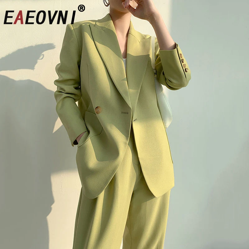 

EAEOVNI Green Fashion Women Two Piece Set Office Lady Button Blazer Coat + Long Pants Versatile 2025 Autumn New Clothing