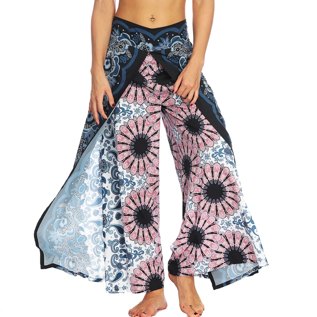 Boho Pants Wide Leg Palazzo Pants with Slits for Women Flowy Hippie Dance Pants,Bohemian Gypsy Yoga Pants