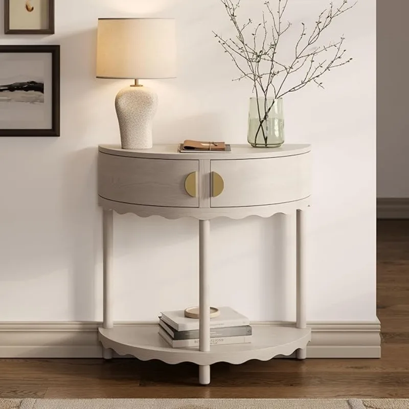 Scalloped Skirt Half Moon Console Table - Small Entry Table with Storage for Narrow Spaces - Modern Home Decor