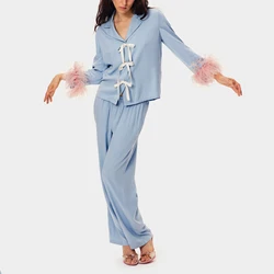 HEZIOWYUN Women's 2 Piece Loungewear Pjs Set Feathers Long Sleeve Bow Tied Front Lapel Shirt + Elastic Waist Pants Sleepwear