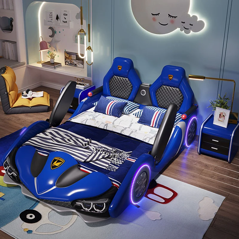 Cama doble de cuero con dibujos animados para niños y niñas, cama individual con barandilla, coche de carreras creativo, venta al por mayor de fábrica