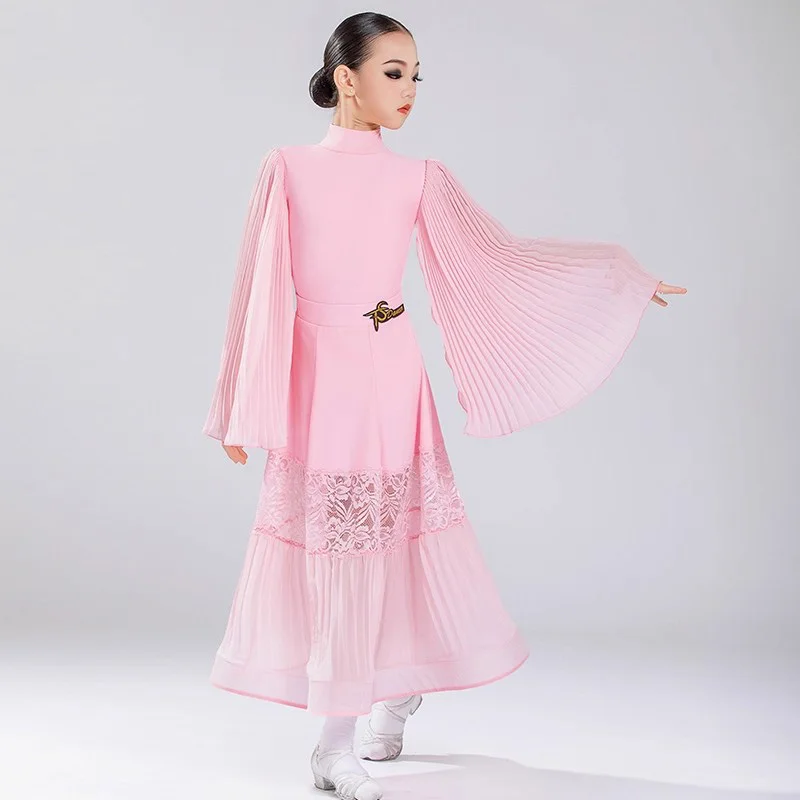 2025 Ballroom Dance Clothing For Girls Lace Mesh Long Sleeve Dress Big Swing Samba Chacha Tango Kids Modern Latin Dress DN21878