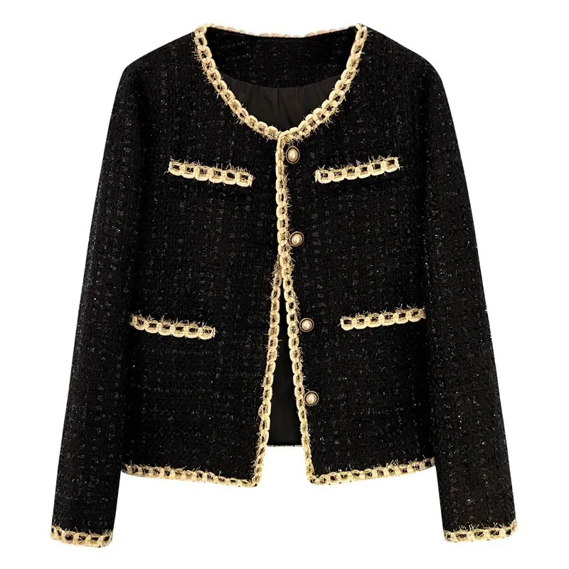 

Small Fragrance Wind Patchwork Tweed Coat Women New Autumn Winter Elegant Round Collar Long Sleeve Overwear s754