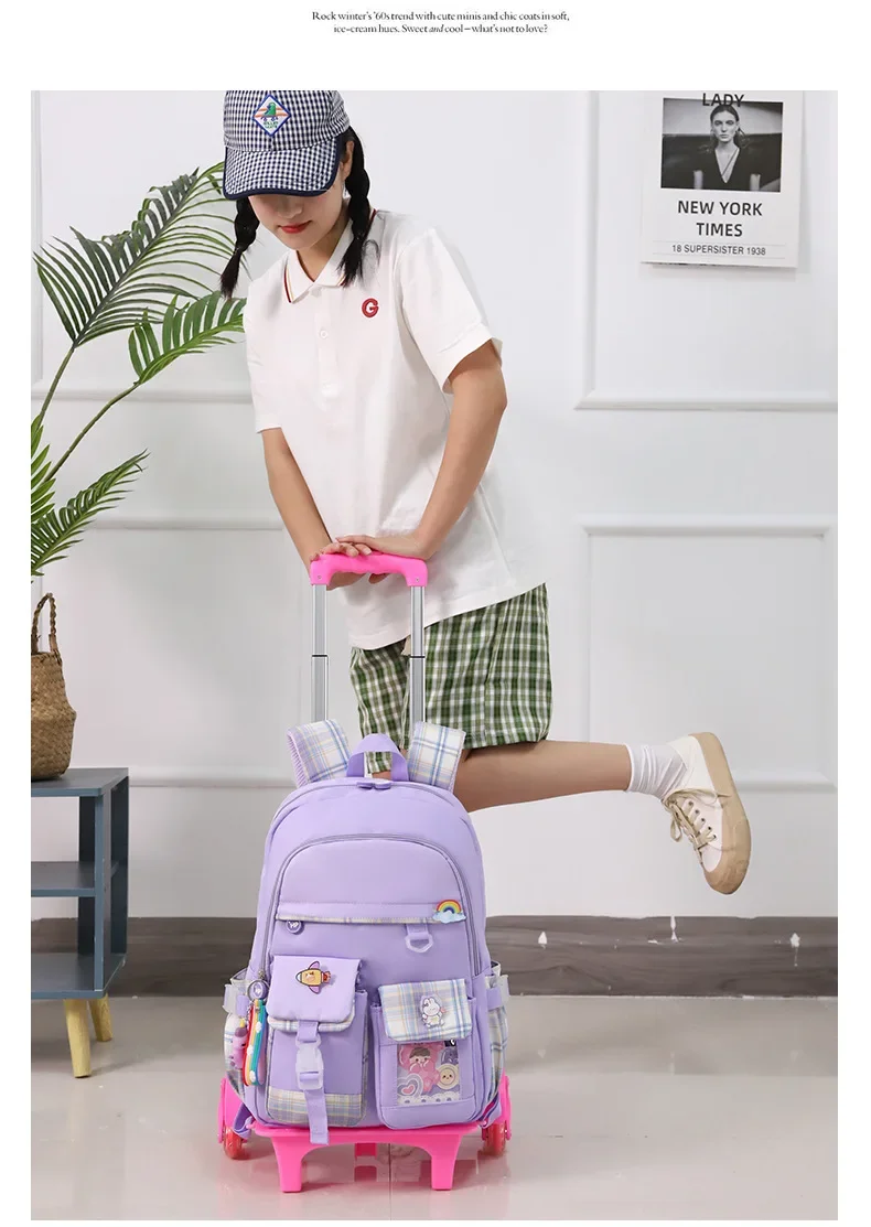 2023 Student School Bag Rolling Backpack Kids Trolley Bag Girl School Backpack Multifunctional Child Waterproof Backpack Wheels