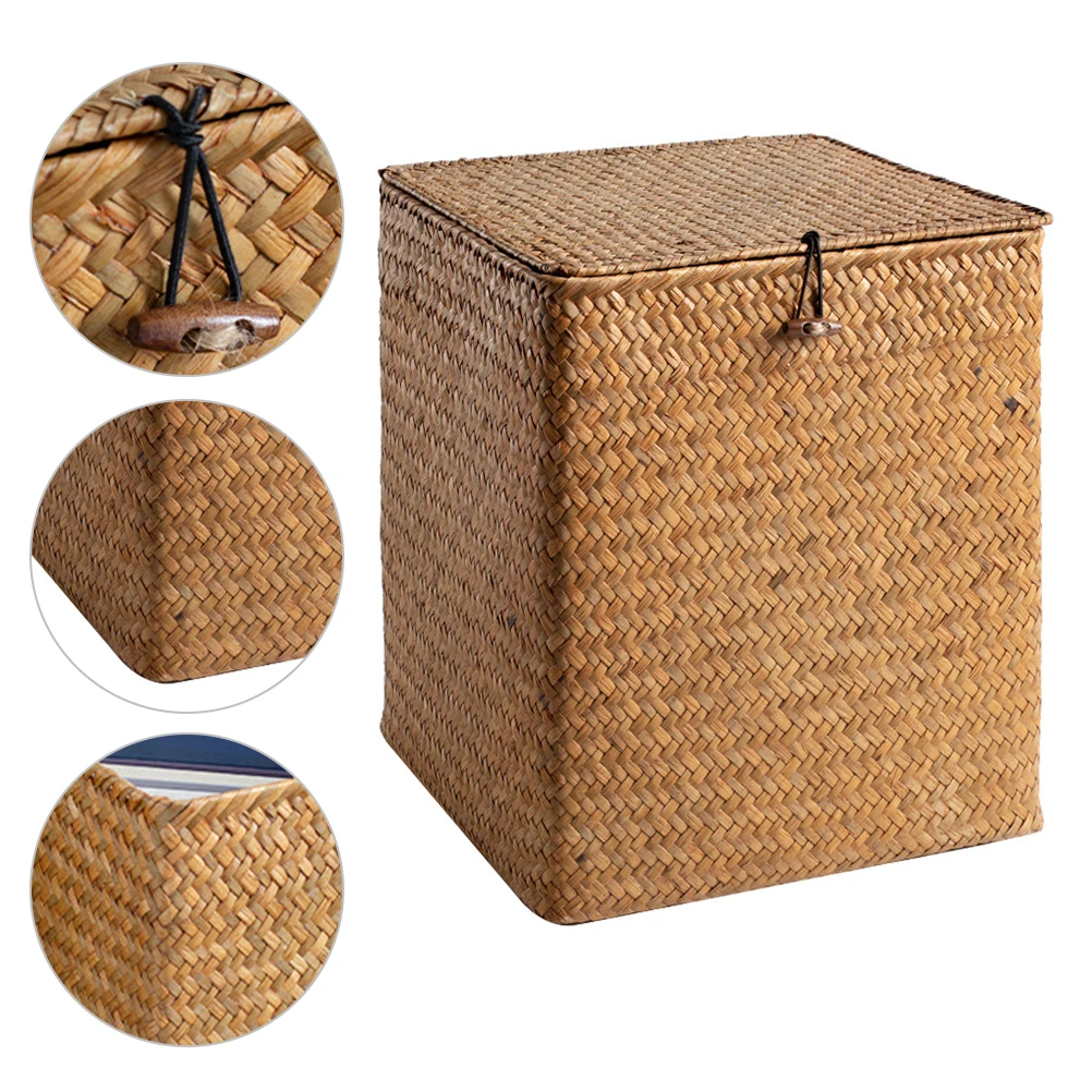 

Picnic Basket Large Capacity Straw Woven Baskets Retro Light Brown Storage With Lid Multipurpose Handwoven Case For Camping