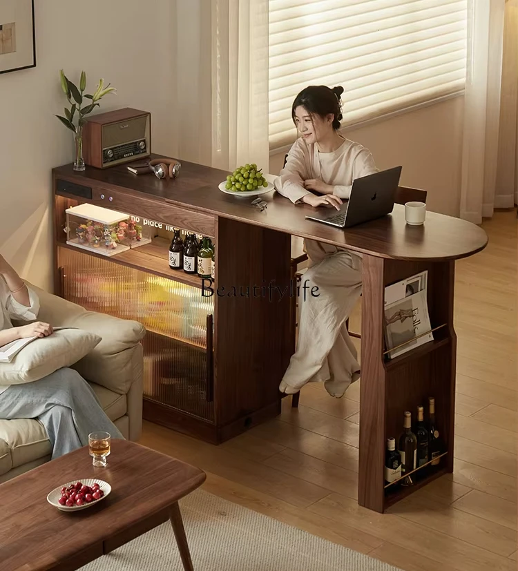 

Black walnut retractable bar side cabinet integrated household solid wood Japanese island partition cabinet