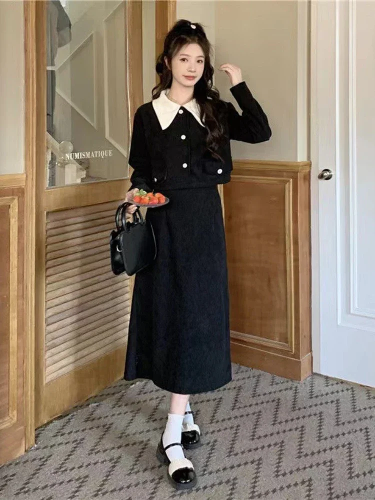 Fashion Two Piece Set Autumn New Corduroy Versatile Solid Lapel Button Pocket Small Fragrant Coat Slim A-line Half Length Skirt