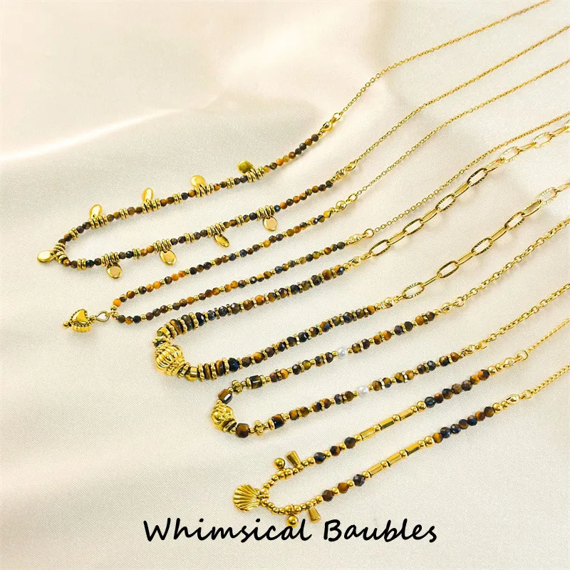 

Vintage Women's Necklace with No Fade Stainless Steel Link Chain & Natural Tiger Eye Stone Beads for Gift