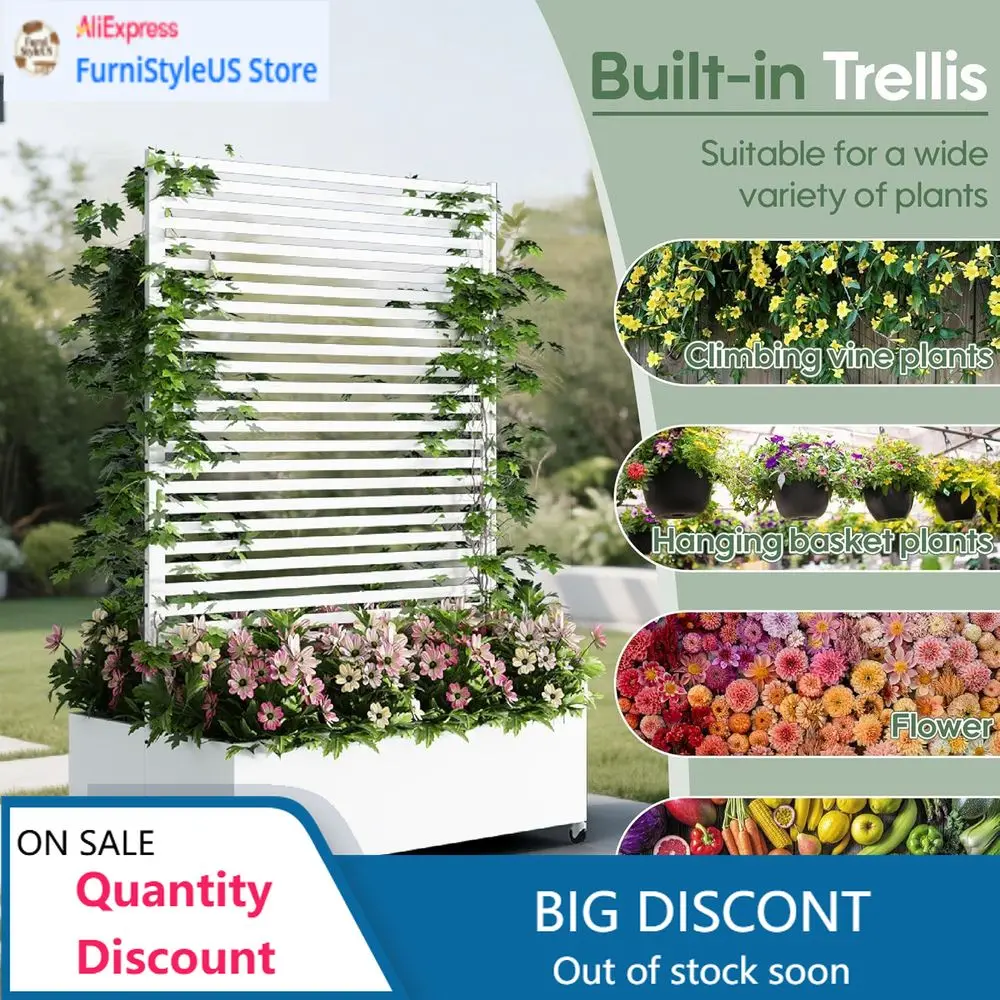 

Популярный белый уличный ящик-кашпо 73x47x30 см с решеткой, дренажем и колесами для вьющихся растений