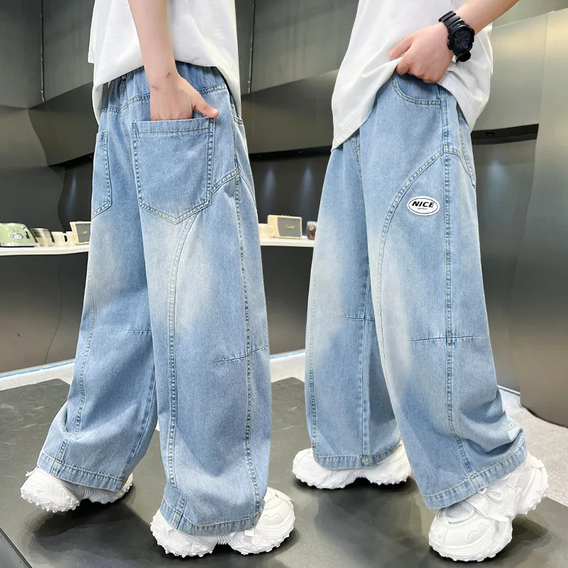 Kids Stylish Loose Straight Summer Patchwork Jeans for Tweens Boy Relaxed Fit Denim Pants Child Light Blue Washed Jeans Trousers
